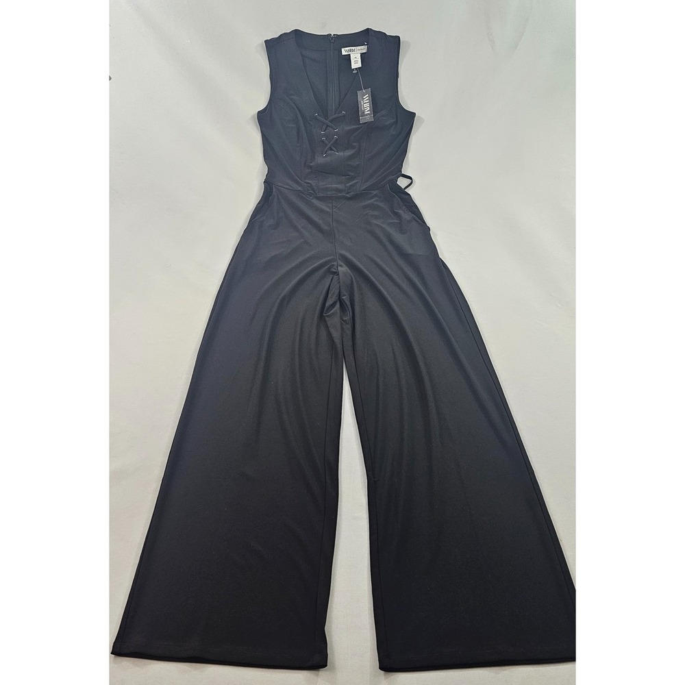 White House Black Market WHBM Lace-Up Jumpsuit Black Wide Leg 00 570373196